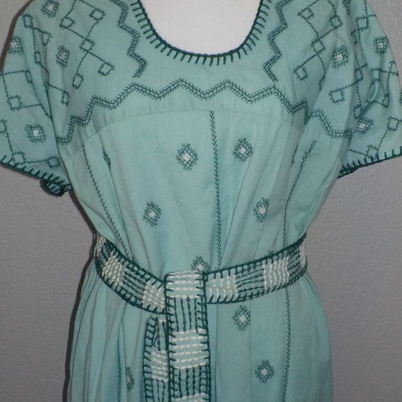 ZARA MS SIZE SMALL LIGHT GREEN / TEAL EMBROIDERED BELTED WAIST CAFTAN DRESS - Picture 13 of 13